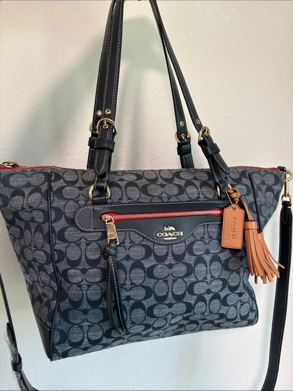 Coach Kleo Carryall in Signature Chambray Dark Blue Denim Tan Tassels - Picture 2 of 7